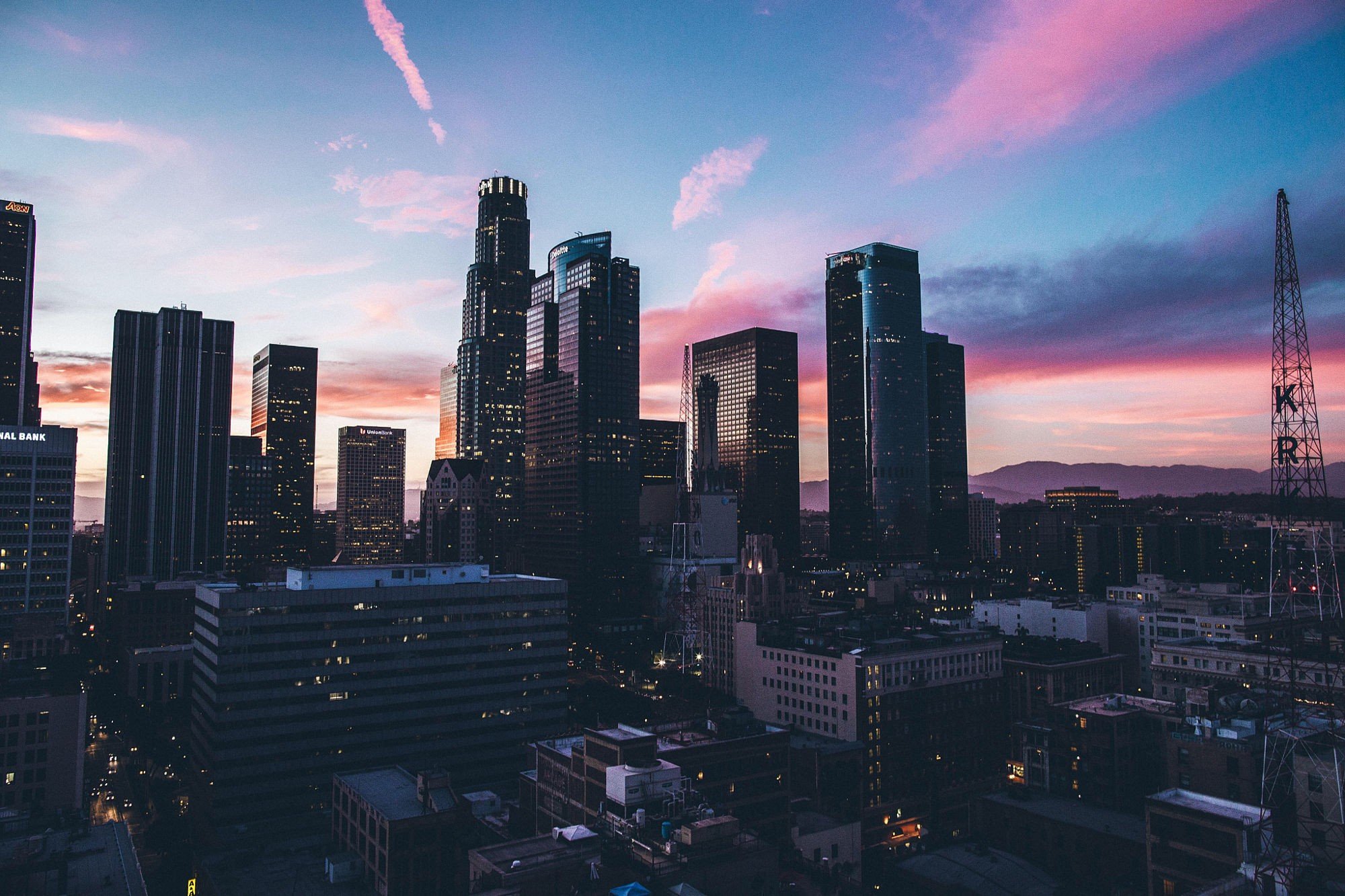cityscape, Los, Angeles, Skyscraper, Silhouette, Mountains, Clouds, Sunset Wallpaper
