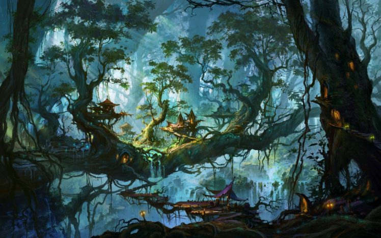 fantasy, Art, Artwork, Digital, Art, Forest, Trees, Waterfall HD Wallpaper Desktop Background