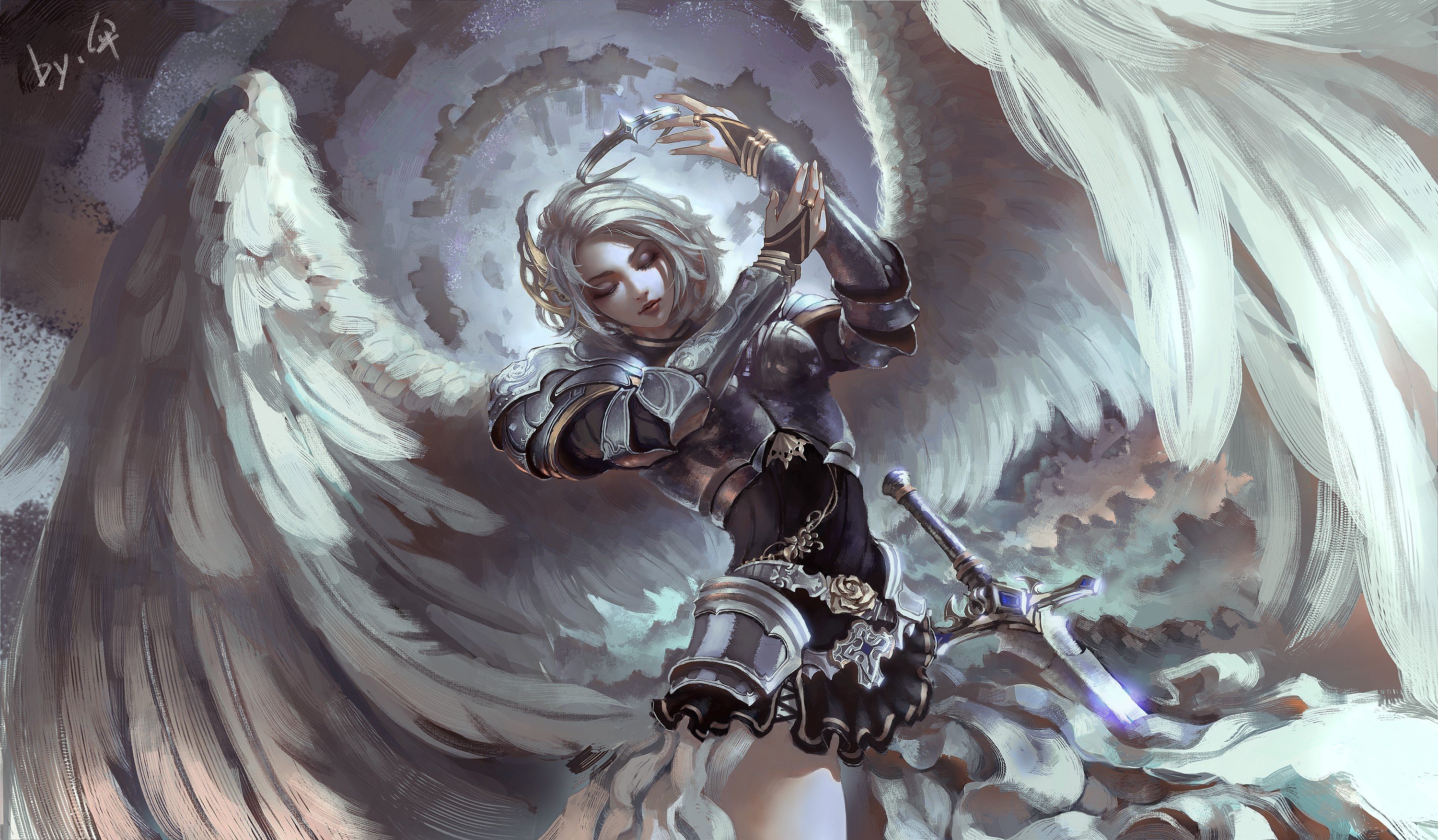 fantasy, Art, Angel, Armor, Wings, Gray Wallpaper