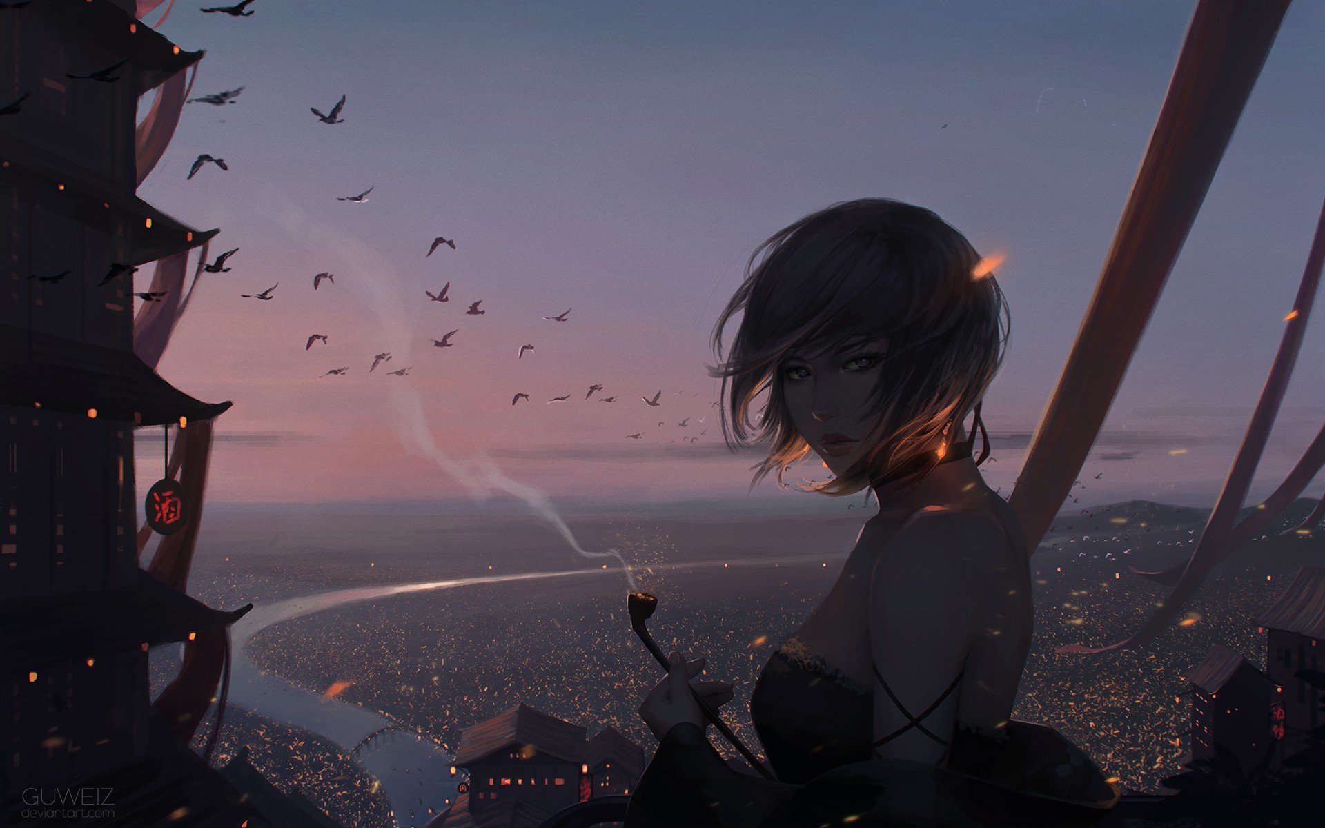 original, Characters, Fantasy, Fantasy, Art, Sky, Birds, Girl, City Wallpaper