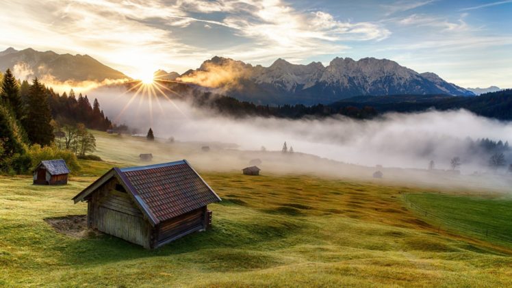 bavaria, Mountain, House, Meadow, Morning, Landscape HD Wallpaper Desktop Background
