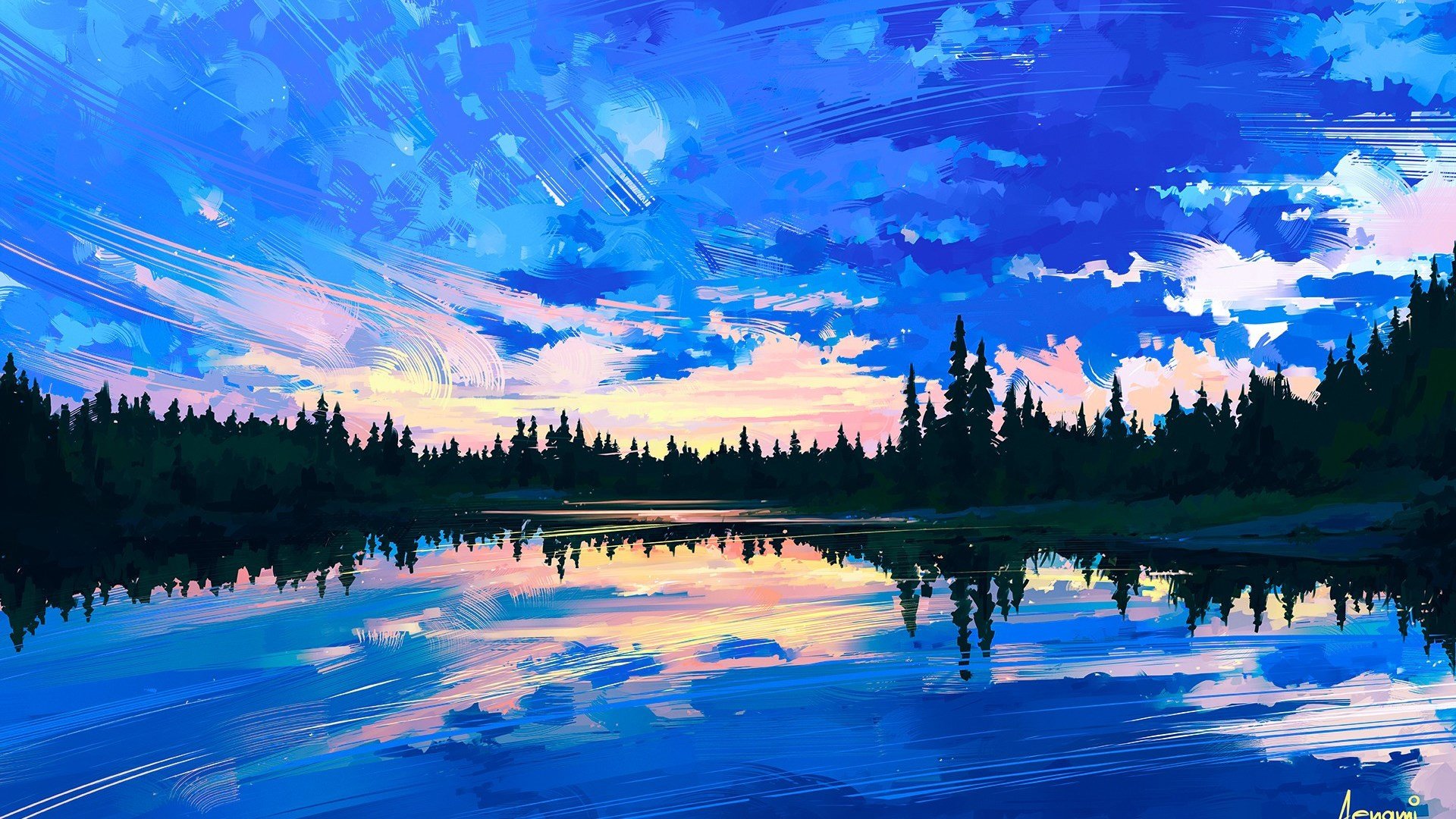 painting oil landscape lake cloud backgrounds desktop wallpapers