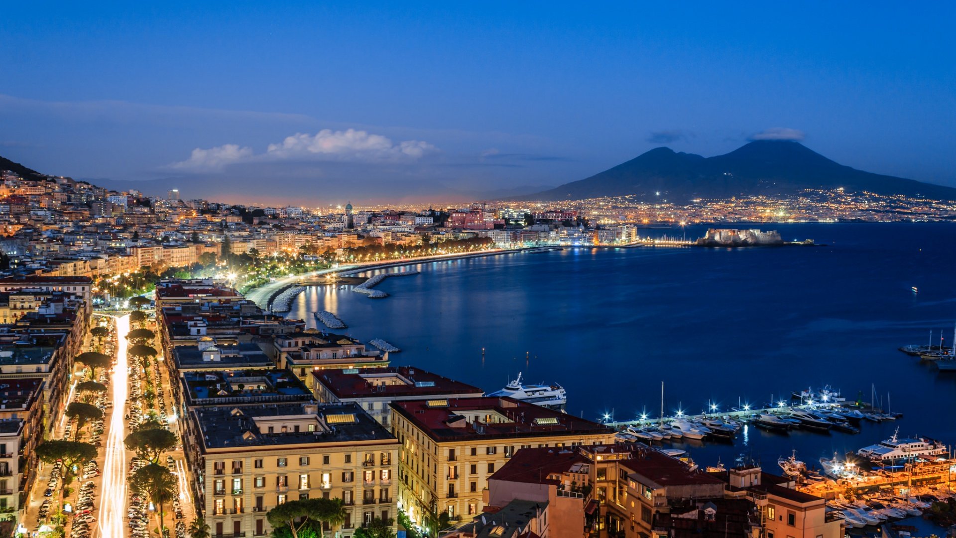 italy, Napoli, Vesuvius, Car, Boat, Dusk, Lights, Sea, Sky, Clouds, Port, City, Landscape Wallpaper