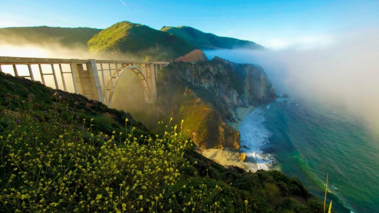 california, Bridge, Fog, Coast, Cliff, Sea, Sky, Landscape HD Wallpaper Desktop Background