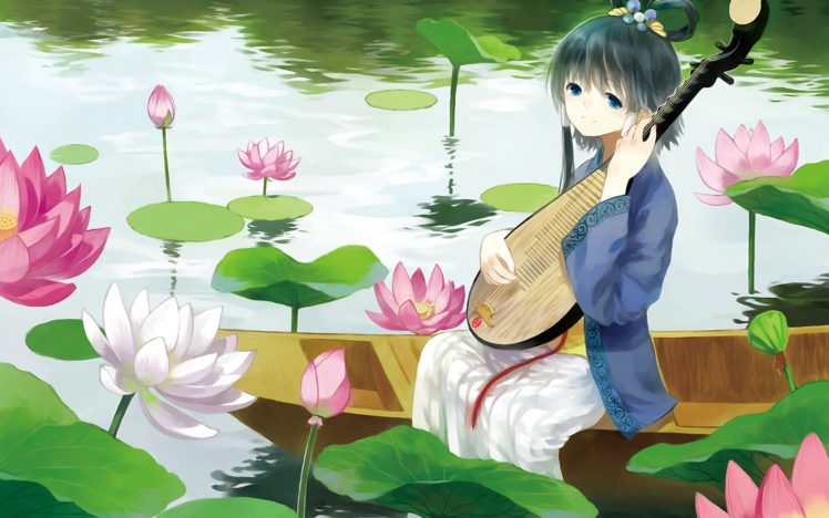 anime, Girl, Beautiful, Dress, Lotus, Kimono HD Wallpaper Desktop Background