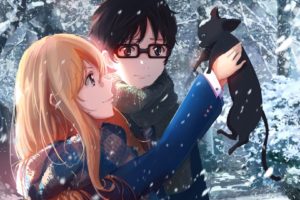 anime, Girl, Blonde, Cat, Cute, Snow, Couple