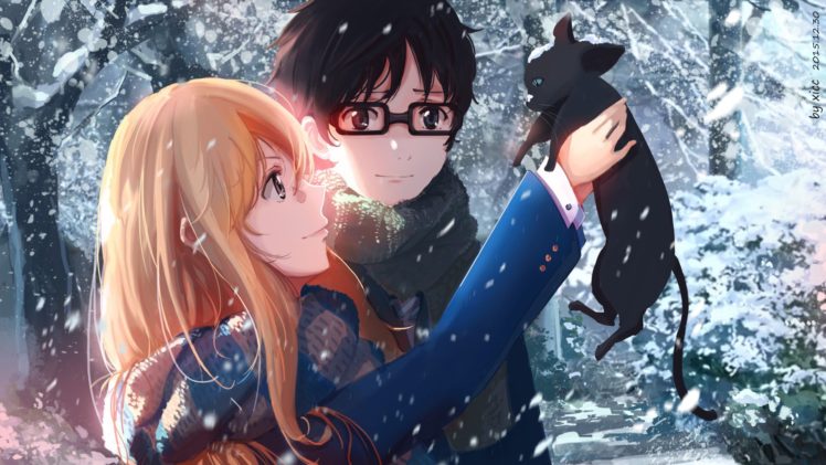 Anime Girl Blonde Cat Cute Snow Couple Wallpapers Hd