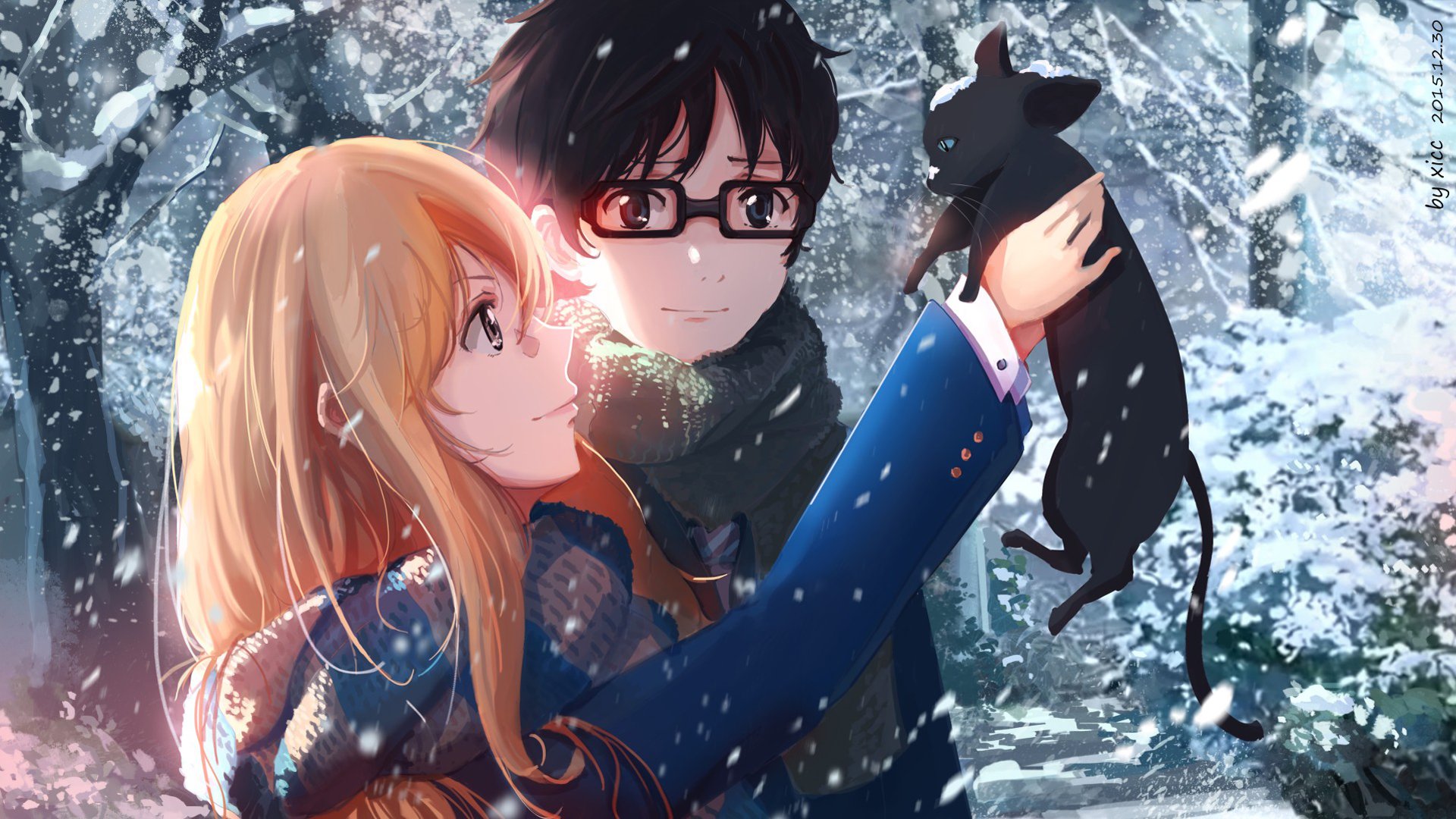 anime, Girl, Blonde, Cat, Cute, Snow, Couple Wallpapers HD