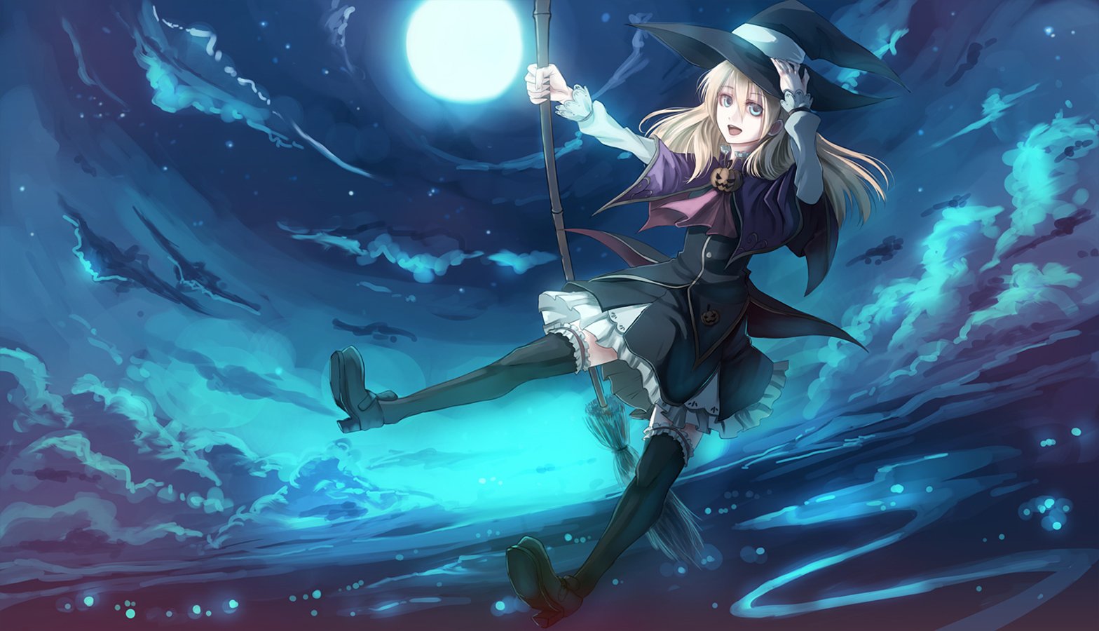 anime, Girl, Paseri, Halloween, Scnery, Witch, Hat, Broom Wallpaper