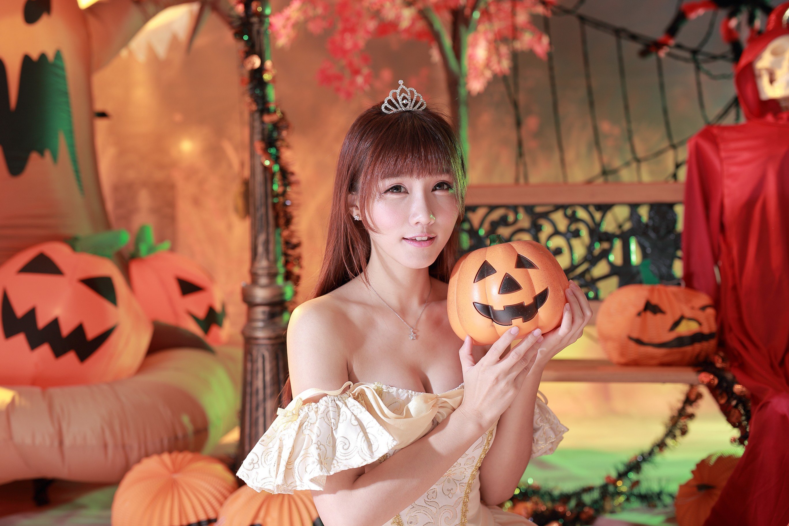 mujer, Oriental, Calabazas, Halloween Wallpaper