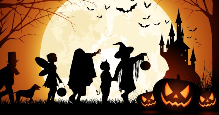 siluetas, Halloween, Brujas, Calabazas, Castillo HD Wallpaper Desktop Background