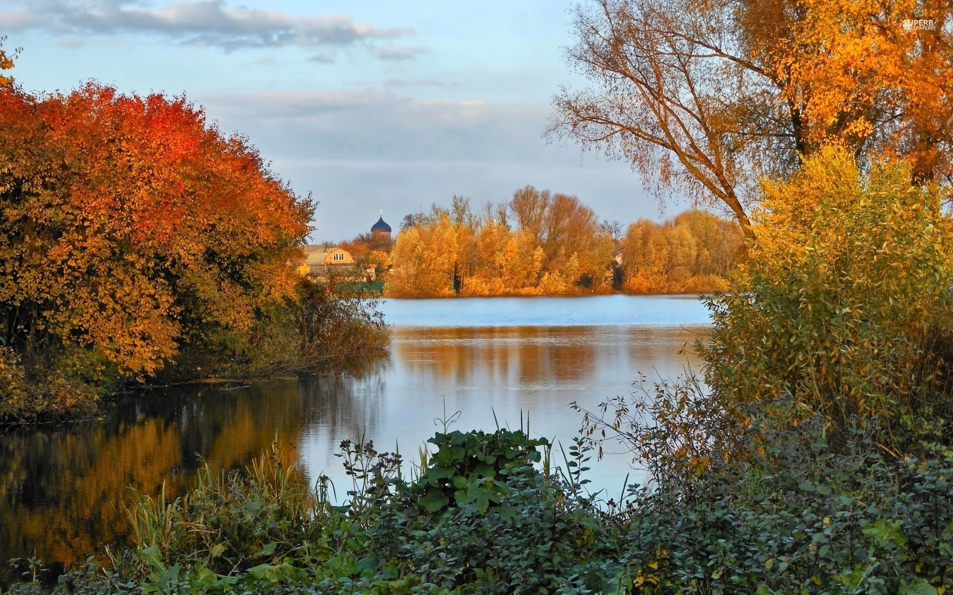autumn, Scenery, And, Calm, River Wallpaper