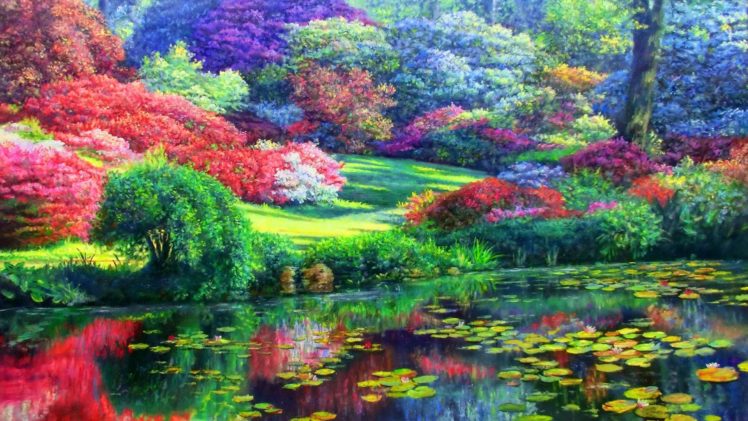 colorful, Trees, And, Lily, Pond HD Wallpaper Desktop Background