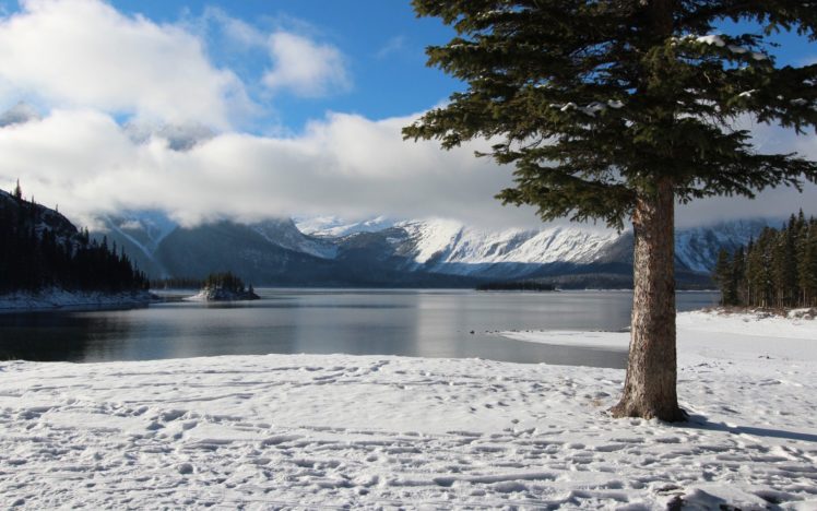 sky, Cloud, Mountain, Winter, Lake, Island, Tree, Snowy, Mountain, Landscape HD Wallpaper Desktop Background