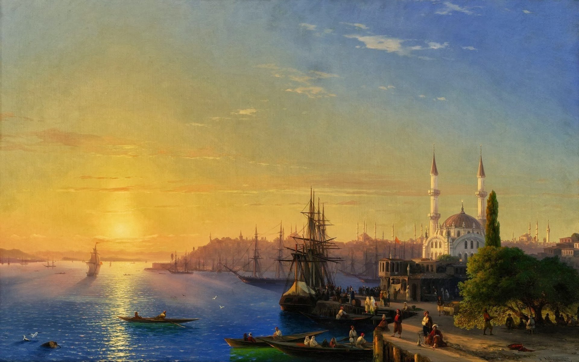 fantasy, Art, Painting, Boat, Coast,  van, Aivazovsky, Classic, Art, Sunset, Ottoman Wallpaper