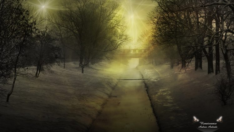winter, Night, Park, Snow, River, Bridge, Artisti HD Wallpaper Desktop Background
