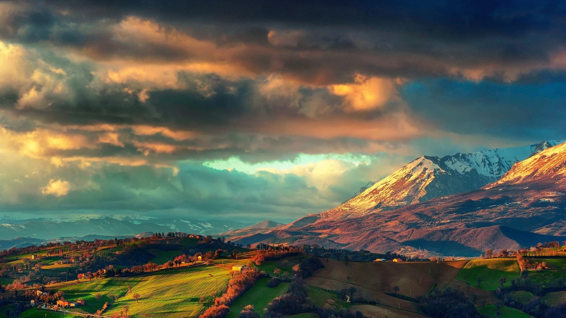 mountains, Field, Hills, Clouds, Blue, Orange, Green, Landscape, Valley, Galaxy Wallpaper