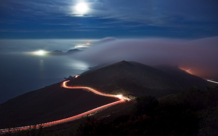 fog, California, Marin, Headlands, Road, Peninsula, Night, Nature HD Wallpaper Desktop Background