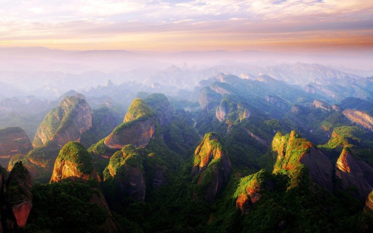sunset, Mountains, China, Mist, Clouds, Forest, Cliff, Nature HD Wallpaper Desktop Background