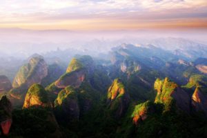 sunset, Mountains, China, Mist, Clouds, Forest, Cliff, Nature