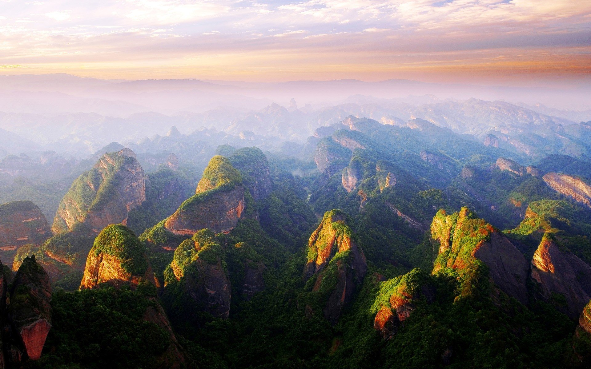 sunset, Mountains, China, Mist, Clouds, Forest, Cliff, Nature Wallpaper