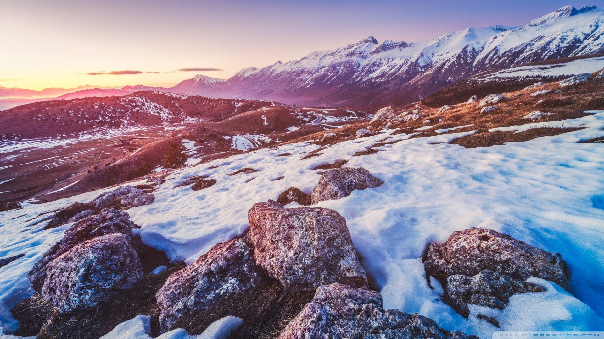 nature, Landscape, Rock, Snow, Mountains, Sunset, Winter Wallpaper