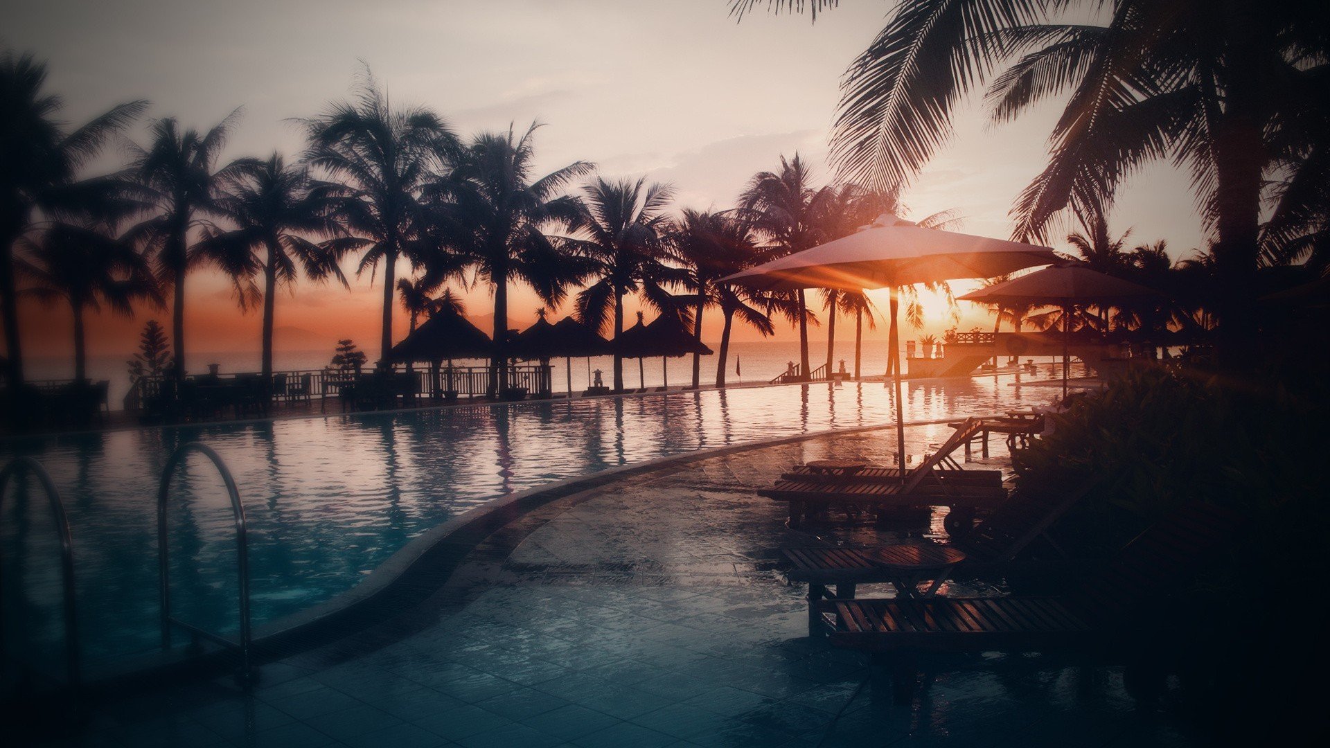 nature, Swimming, Pool, Sunset, Palm, Trees, Sunlight Wallpaper