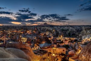 nature, Landscape, Mountain, Rock, Turkey, Trees, Clouds, House, Village, Sunset, Lights, Mosques, Town, Stones