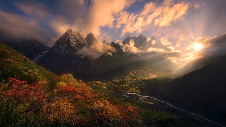 nature, Landscape, Fall, Shrubs, Mountains, Himalayas, Tibet HD Wallpaper Desktop Background
