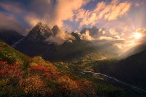 nature, Landscape, Fall, Shrubs, Mountains, Himalayas, Tibet