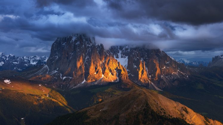 landscape, Mountains, Snowy, Peak, Clouds, Sunset, Forest, Italy, Alps HD Wallpaper Desktop Background