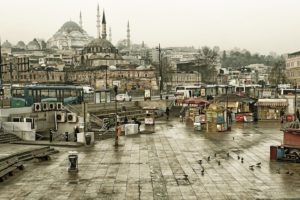 city, Istanbul, Turkey, Mosques, Architecture, Islamic, Architecture, Building, Buses, Town, Square, Car, Pigeons, Bench, Stairs, Overcast