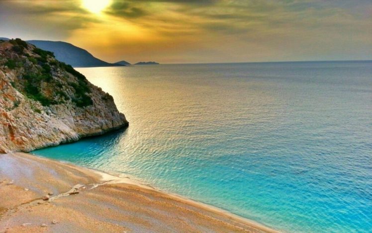 beach, Clouds, Coast, Hill, Landscape, Nature, Rock, Sand, Sea, Sunset, Turkey, Turquoise, Water HD Wallpaper Desktop Background