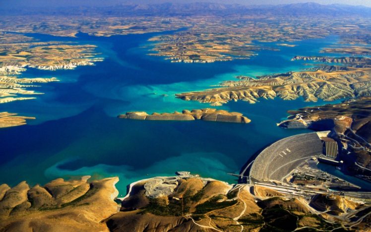 aerial, View, Blue, Dam, Hill, Lake, Landscape, Nature, Panoramas, Turkey, Water, Erial, View, Of, The, Ataturk, Dam, On, The, Euphrates, River, Turkey HD Wallpaper Desktop Background