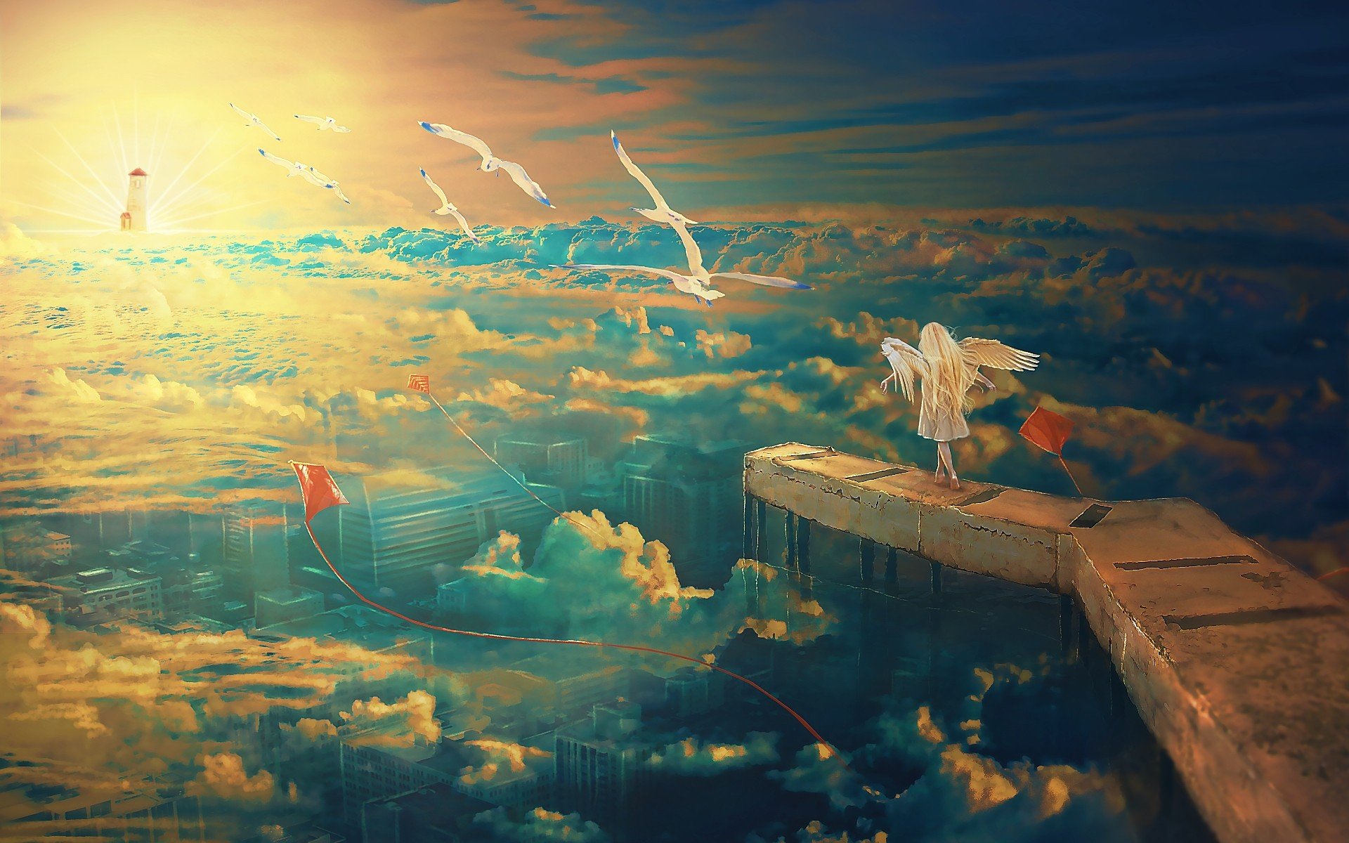 anime, Fantasy, Art, Seagulls, Kites, Wings, Clouds, City, Light, House Wallpaper