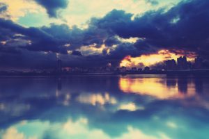 cityscape, Reflection, Water, Clouds, Overcast, Sunset