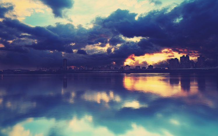 cityscape, Reflection, Water, Clouds, Overcast, Sunset HD Wallpaper Desktop Background