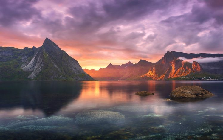 nature, Landscape, Lake, Sunset, Mountains, Clouds, Sun, Rays HD Wallpaper Desktop Background