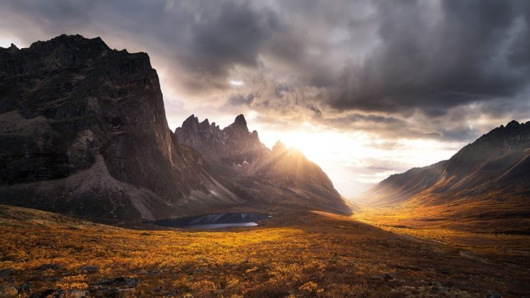 mountains, Fall, Sunset, Rocks, Nature, Landscape, Clouds, Sun HD Wallpaper Desktop Background