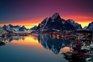 nature, Sea, Sunset, Water, Reflection, Mountains, Snow, Winter, Lofoten, Islands, Norway, Reine, Lofoten