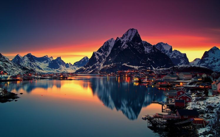 nature, Sea, Sunset, Water, Reflection, Mountains, Snow, Winter, Lofoten, Islands, Norway, Reine, Lofoten HD Wallpaper Desktop Background
