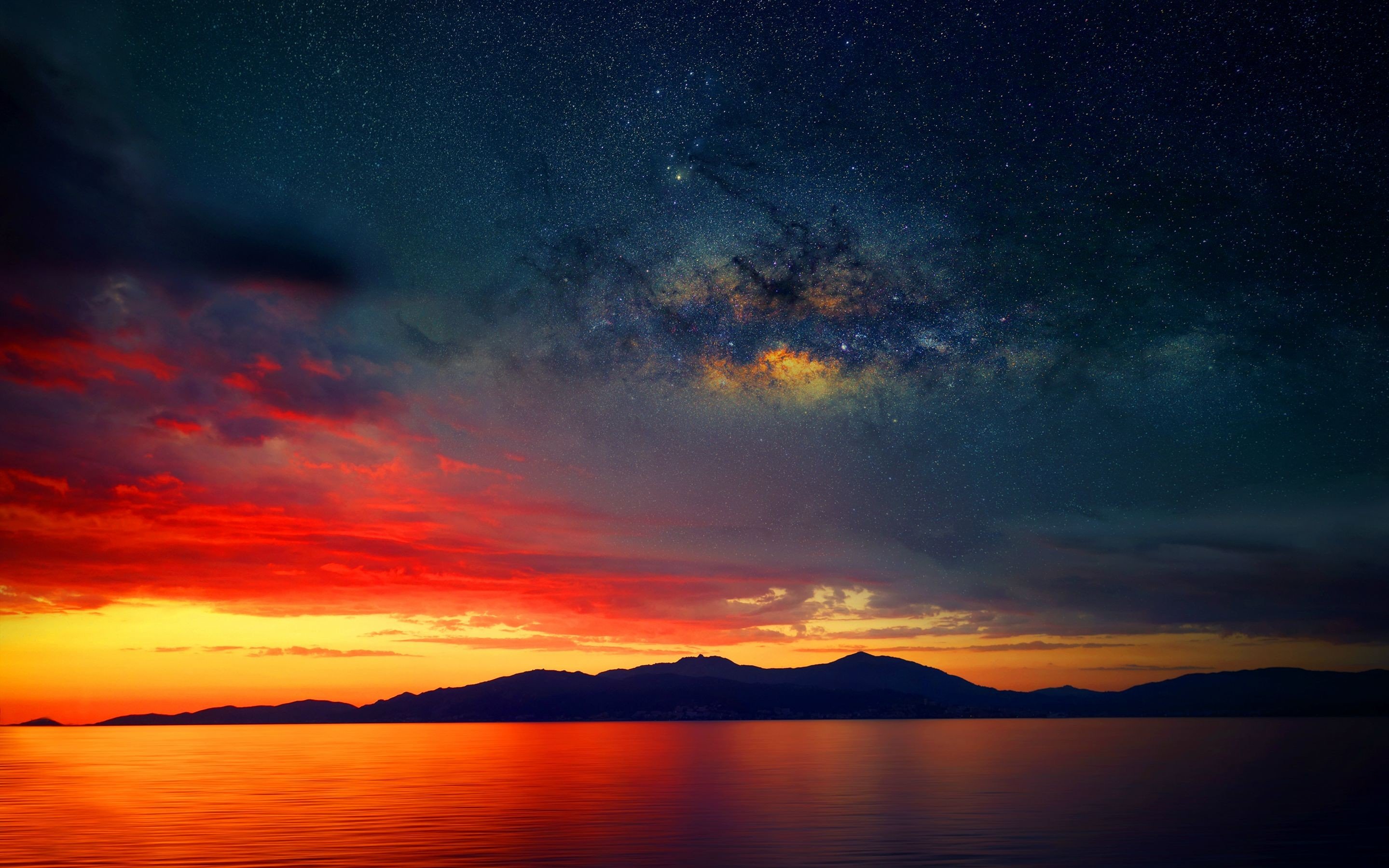stars, Silhouette, Milky, Way, Sunset, Landscape, Clouds, Photo, Manipulation Wallpaper