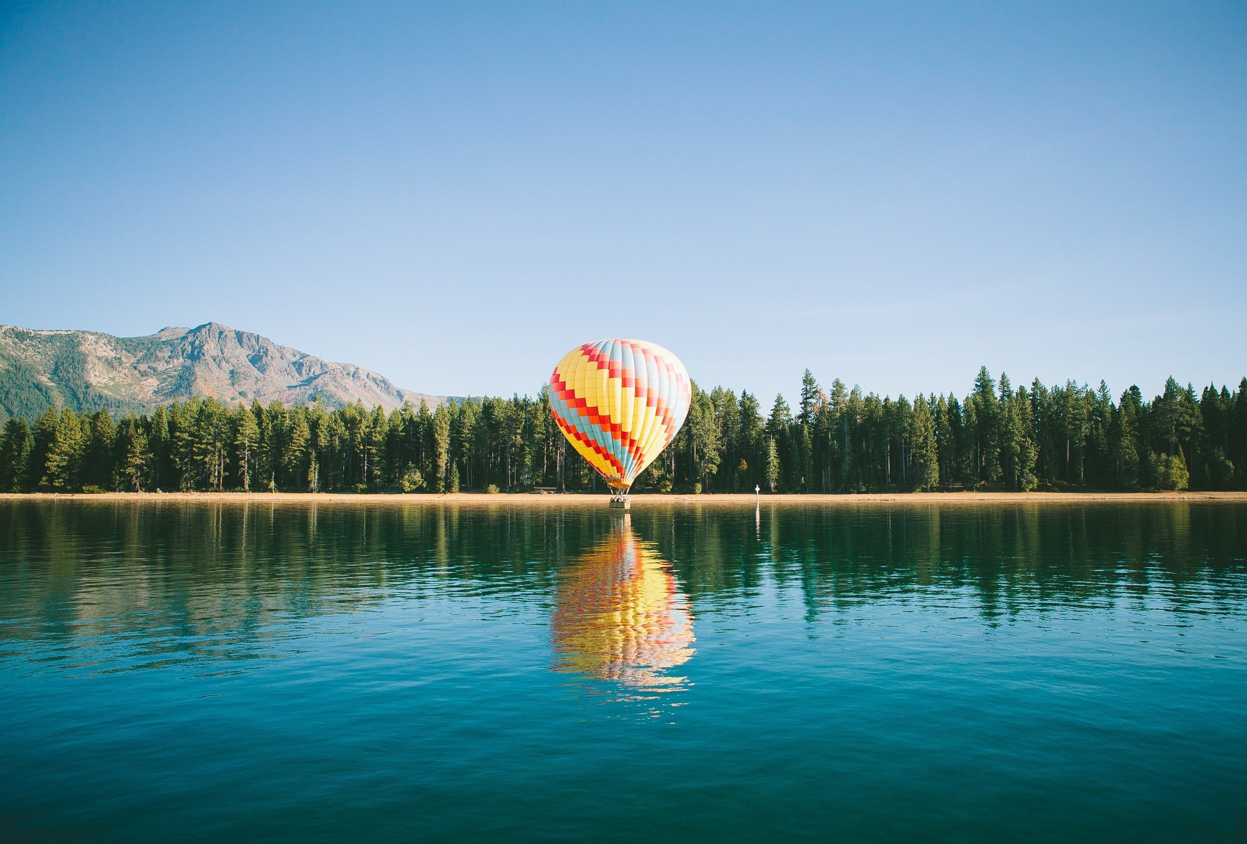 balloon, Hot, Air, Balloons, Landscape, Mountains, River, Trees Wallpaper