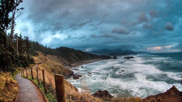 clouds, Fence, Landscape, Path, Road, Sea, Trees, Waves HD Wallpaper Desktop Background