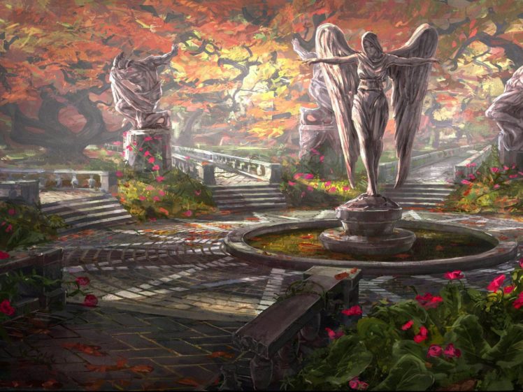 architecture, Statue, Angel, Angels, Garden, Flowers, Flower, Autumn, Mood HD Wallpaper Desktop Background