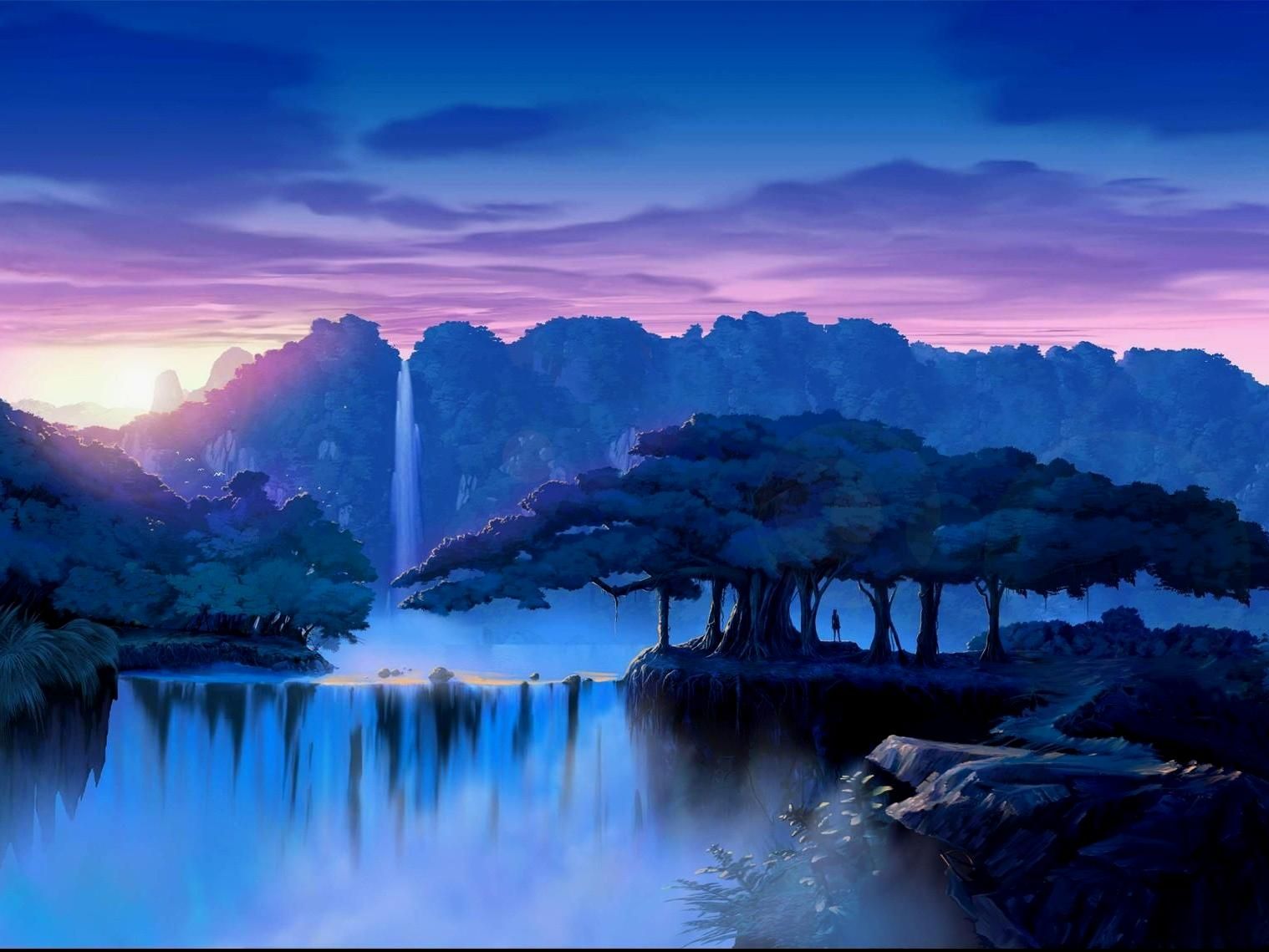 landscape, Nature, Dream, Trees, Waterfalls, Waterfall, Sunset, Sunrise Wallpaper