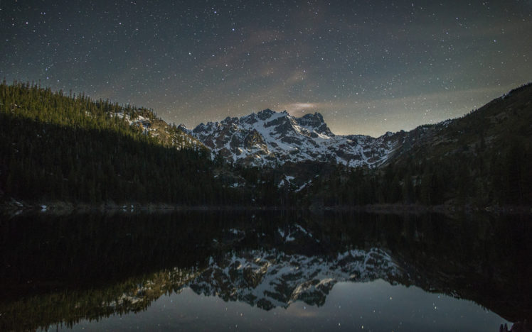 snow, Stars, Night, Reflection, Trees, Lake, Mountains, Sky, Night HD Wallpaper Desktop Background