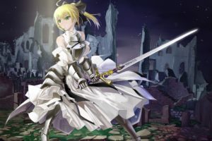 blondes, Fatestay, Night, Dress, Night, Excalibur, Green, Eyes, Armor, Fatezero, Saber, Lily, Detached, Sleeves, Hair, Bow, Fate, Series