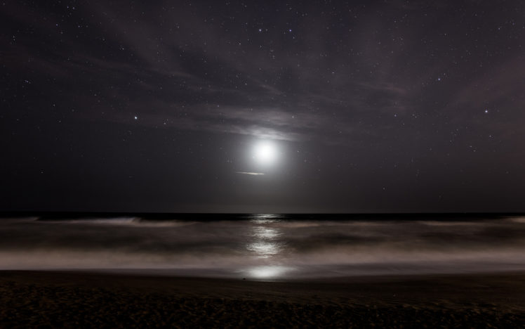 stars, Moonlight, Ocean, Sea, Reflection, Sky, Waves, Beach, Night HD Wallpaper Desktop Background