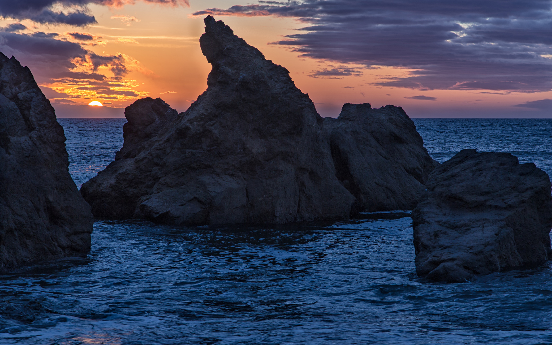 sunset, Rocks, Ocean, Sea, Sky Wallpaper